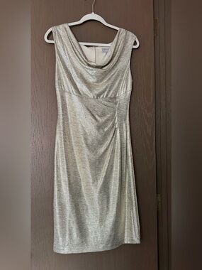 Laura Metallic Cowl-Neck Midi Dress in gold.